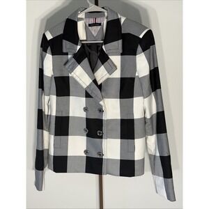 TOMMY HILFIGER Women's Double-breasted Black/White Gingham Jacket Top Size 12